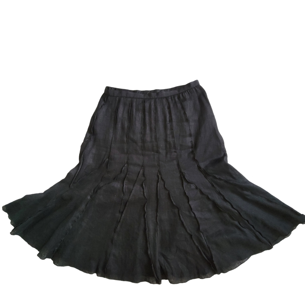 Spanner Black Linen A-Line Midi Skirt Fit and Flare Triangular Inserts Lined 12